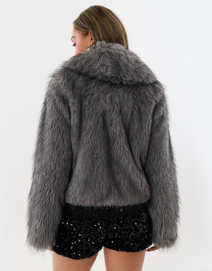 Faux Fur Collared Coat in Charcoal Grey