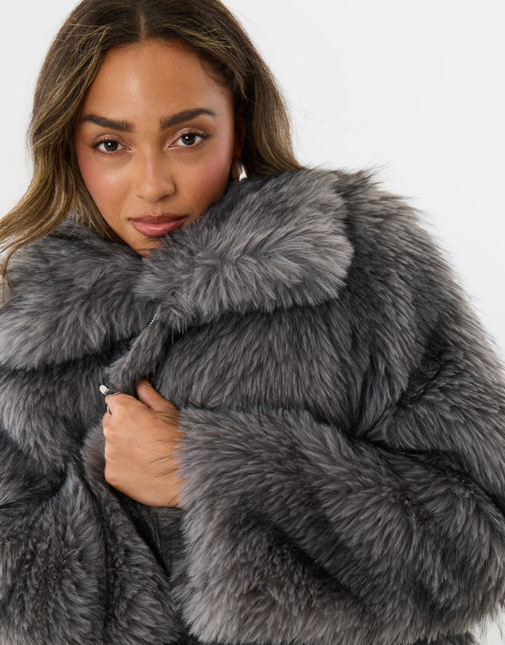 Faux Fur Collared Coat in Charcoal Grey