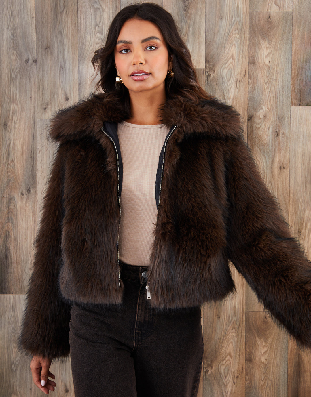 Threadbare Women's Chocolate Brown Faux Fur Zip Through Coat