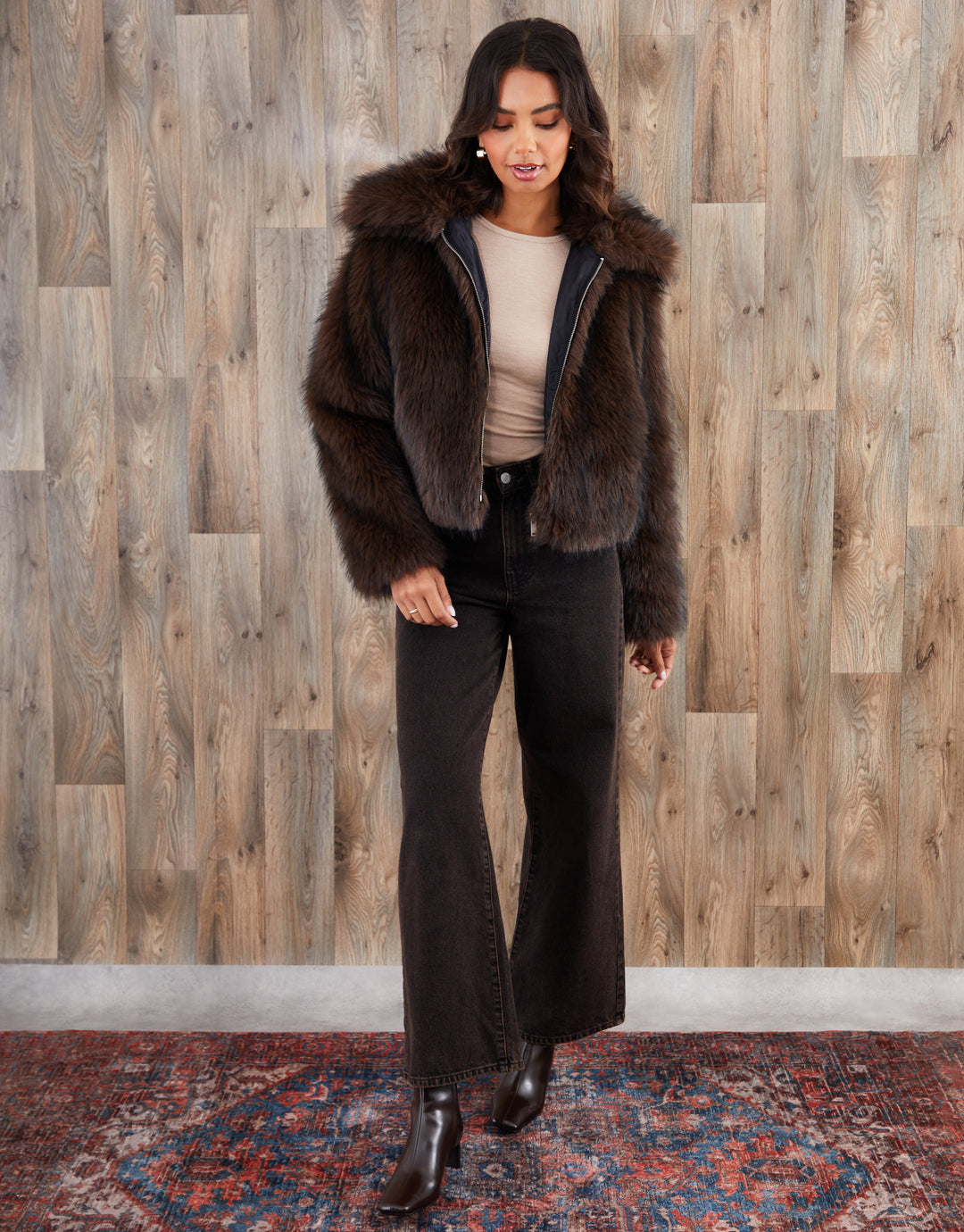 Chocolate Brown Faux Fur Zip Through Coat