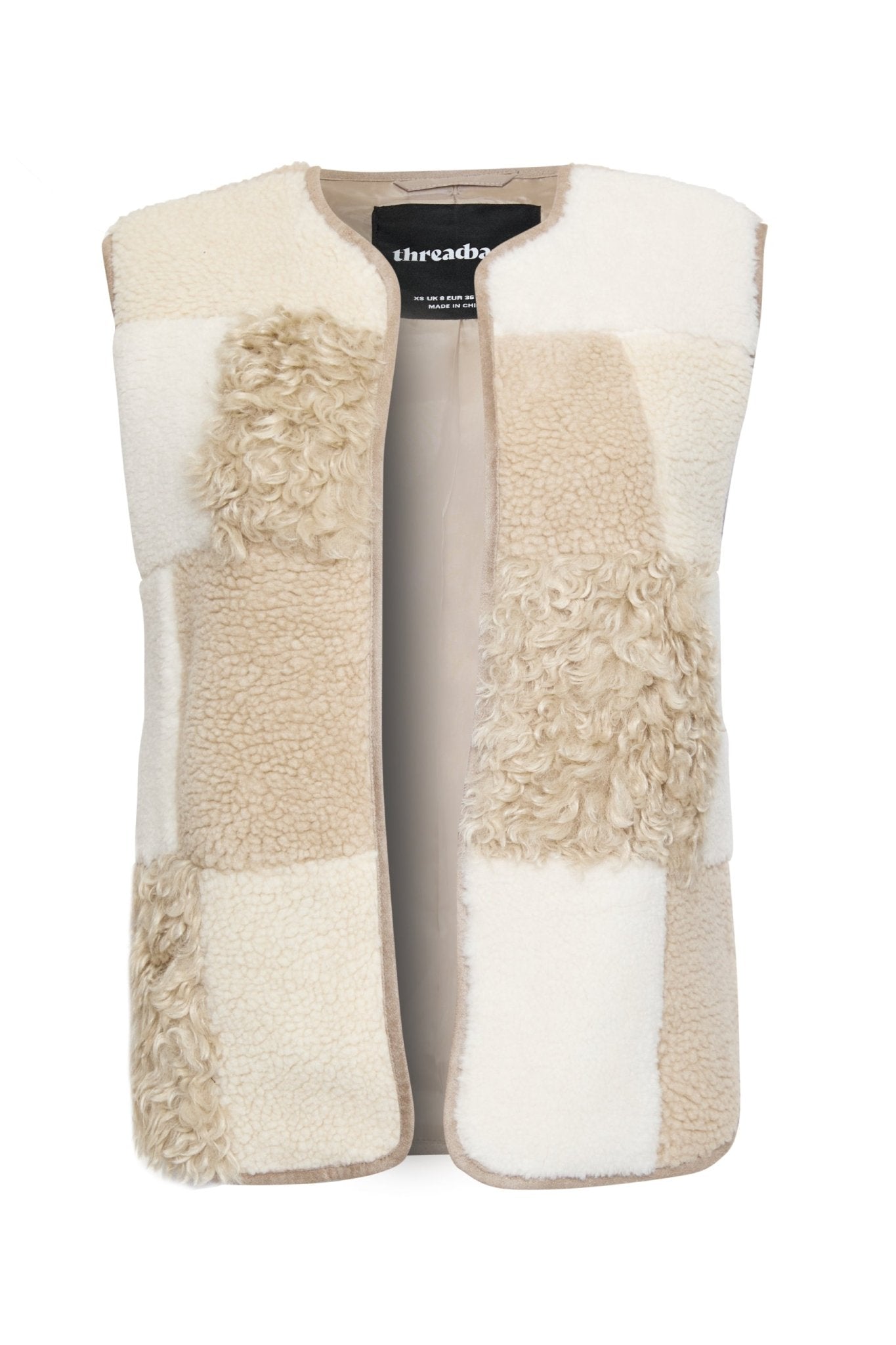 Threadbare Women's Patchwork Borg Gilet in Cream Check