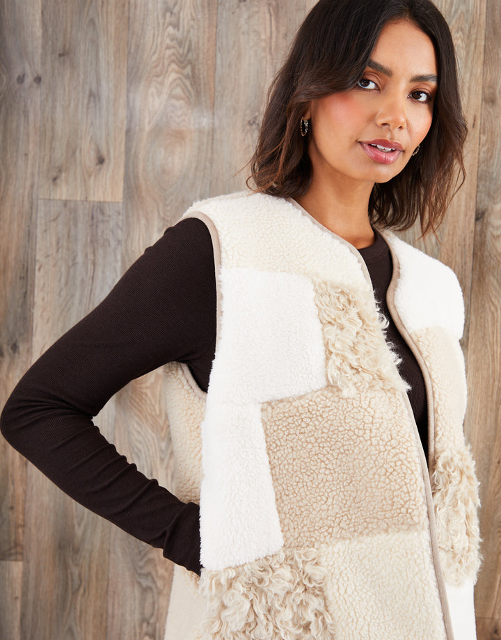 Cream Patchwork Borg Gilet