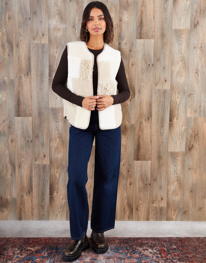 Cream Patchwork Borg Gilet