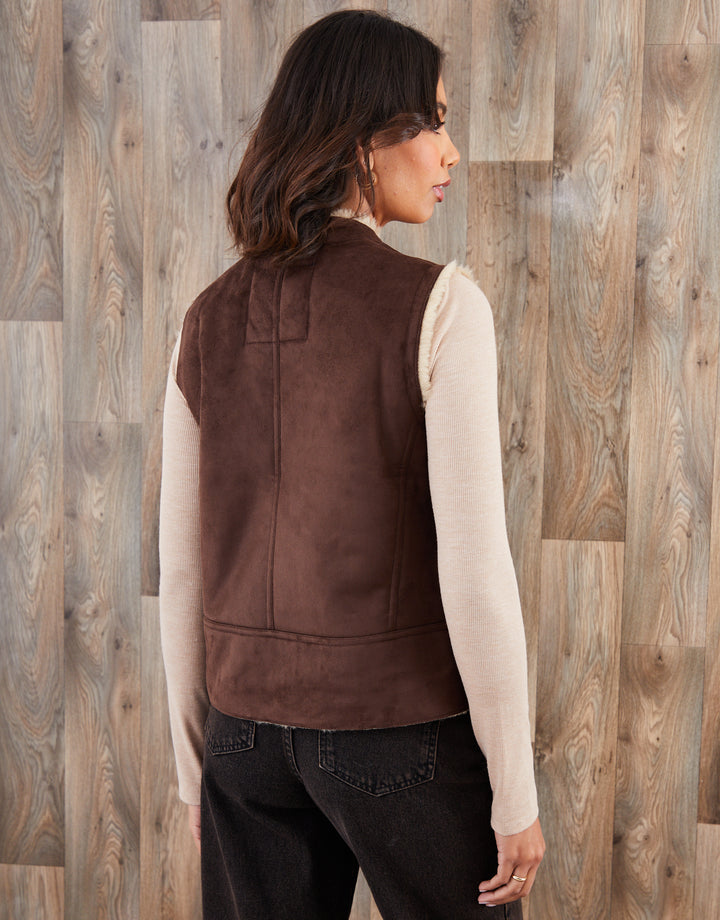 Chocolate Brown Faux Suede Borg Lined Gilet