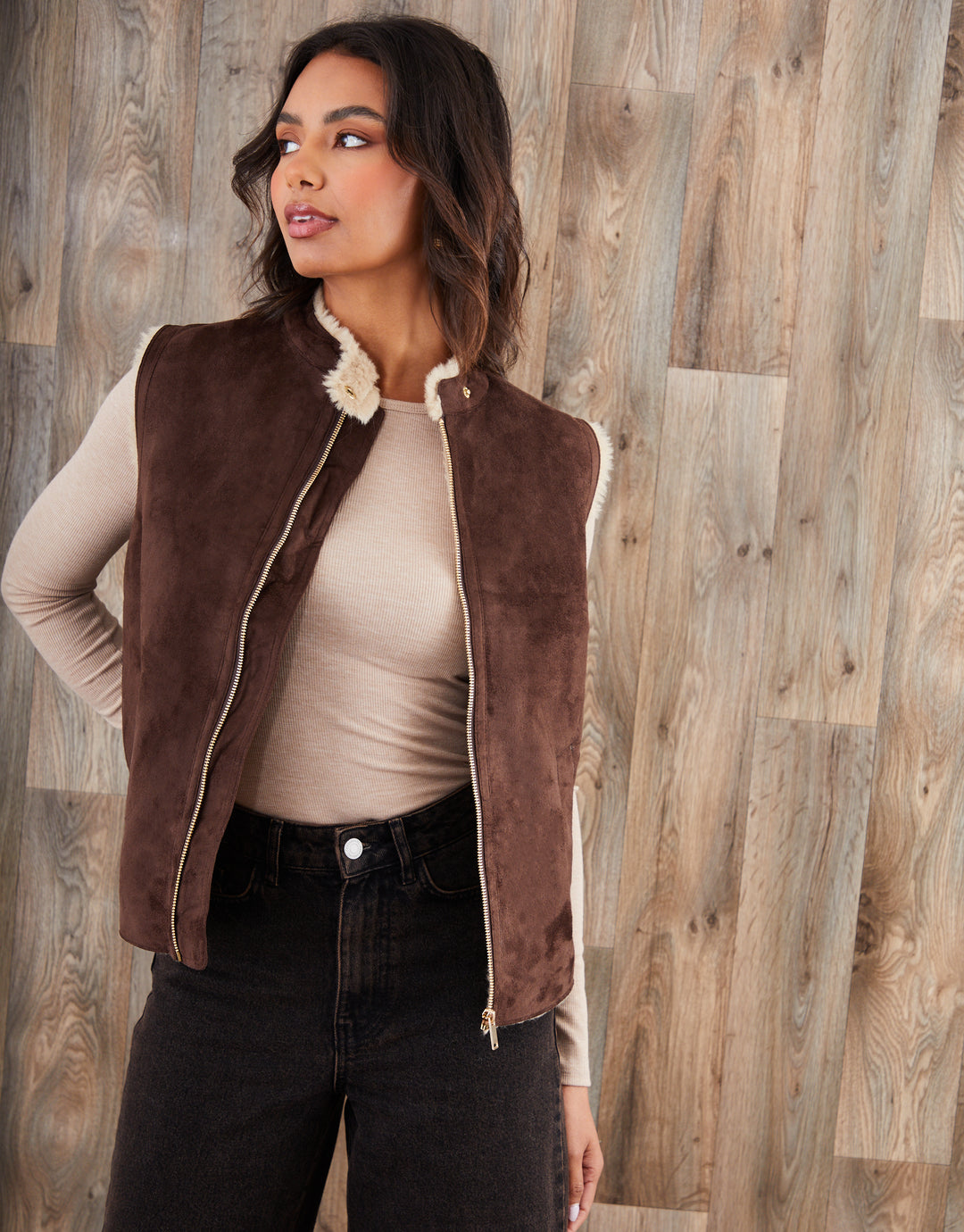 Chocolate Brown Faux Suede Borg Lined Gilet