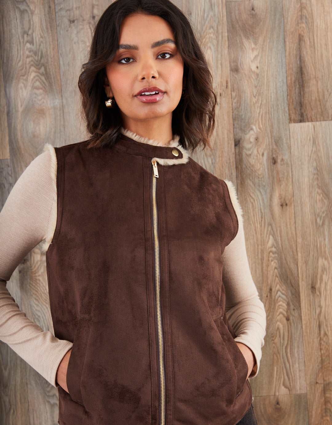 Chocolate Brown Faux Suede Borg Lined Gilet