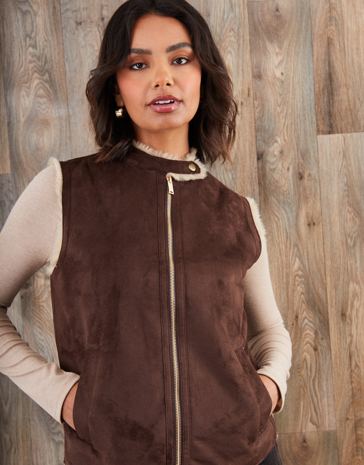 Chocolate Brown Faux Suede Borg Lined Gilet