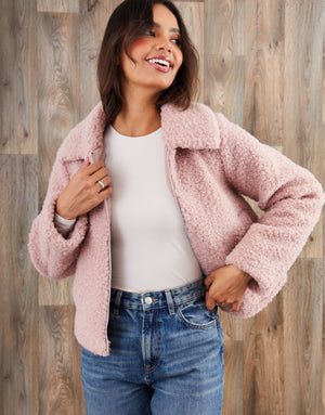 Pink Collared Zip Up Borg Bomber Jacket