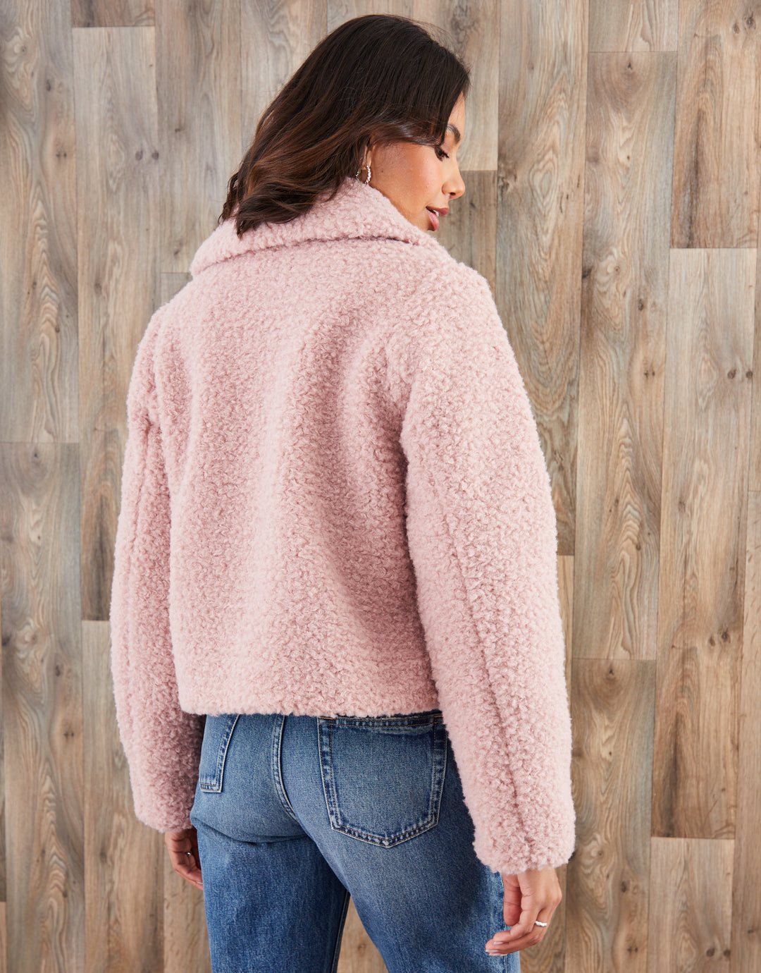 Pink Collared Zip Up Borg Bomber Jacket