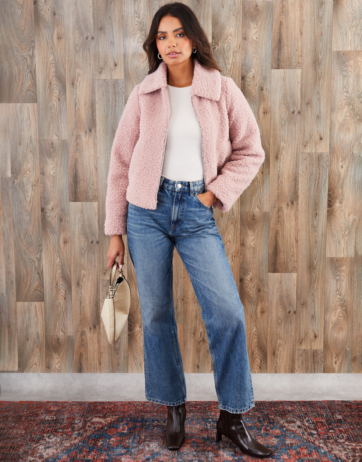 Pink Collared Zip Up Borg Bomber Jacket