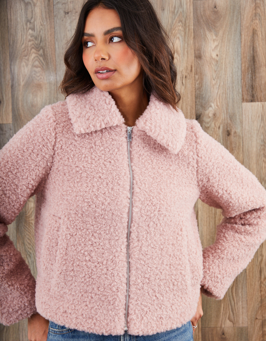 Pink Collared Zip Up Borg Bomber Jacket