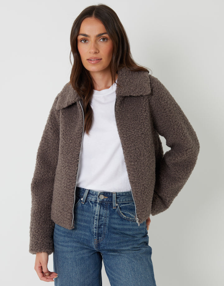 Threadbare Collared Zip Up Borg Bomber Jacket in Grey - front view