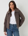 Threadbare Collared Zip Up Borg Bomber Jacket in Grey - front view