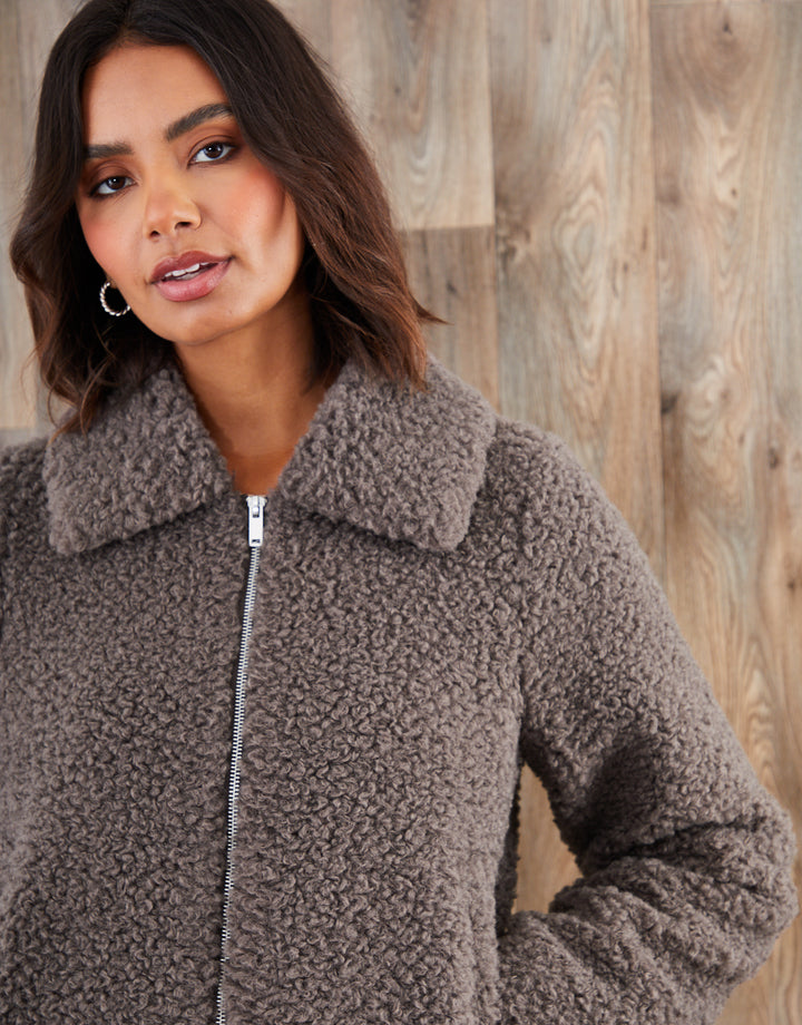 Grey Collared Zip Up Borg Bomber Jacket