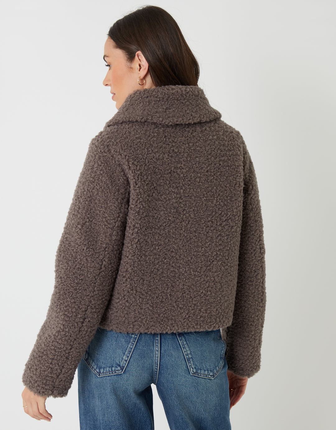 Threadbare Collared Zip Up Borg Bomber Jacket in Grey - back view