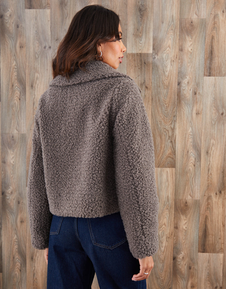 Grey Collared Zip Up Borg Bomber Jacket