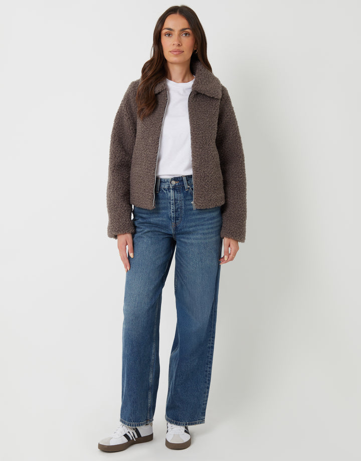 Threadbare Collared Zip Up Borg Bomber Jacket in Grey - full body