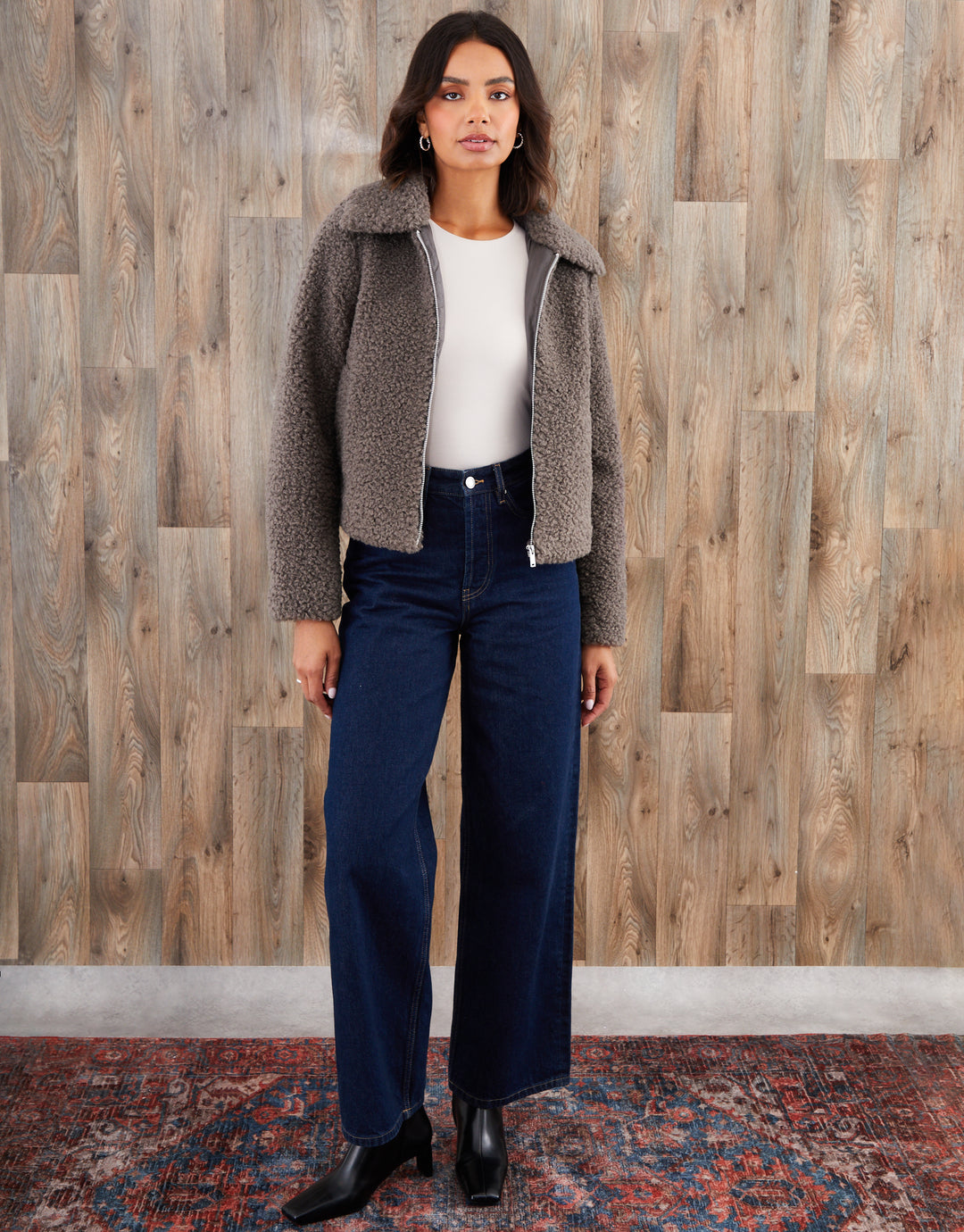 Grey Collared Zip Up Borg Bomber Jacket