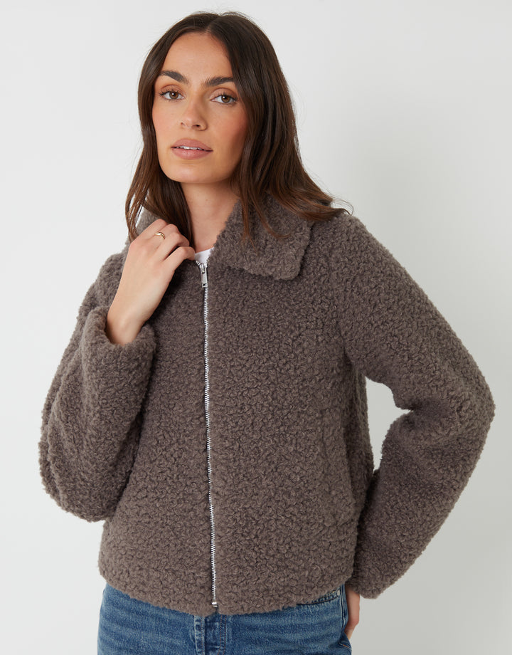 Threadbare Collared Zip Up Borg Bomber Jacket in Grey - front view, zipped up