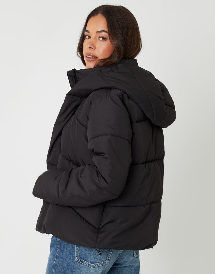 Black Hooded Double Collar Puffer Jacket