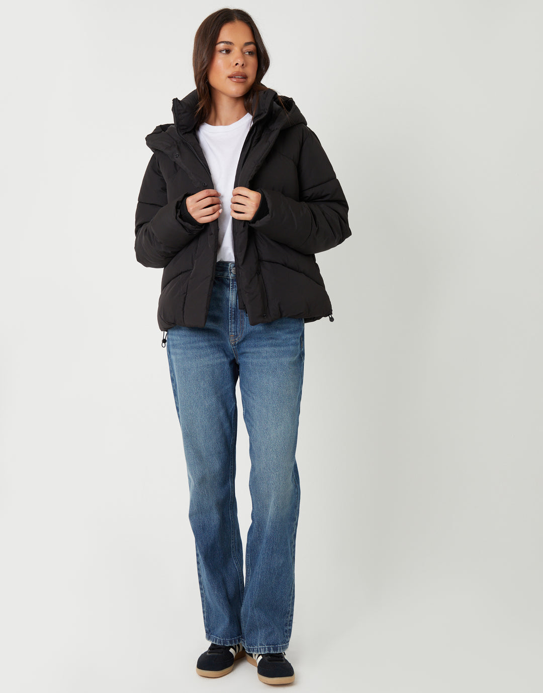 Black Hooded Double Collar Puffer Jacket