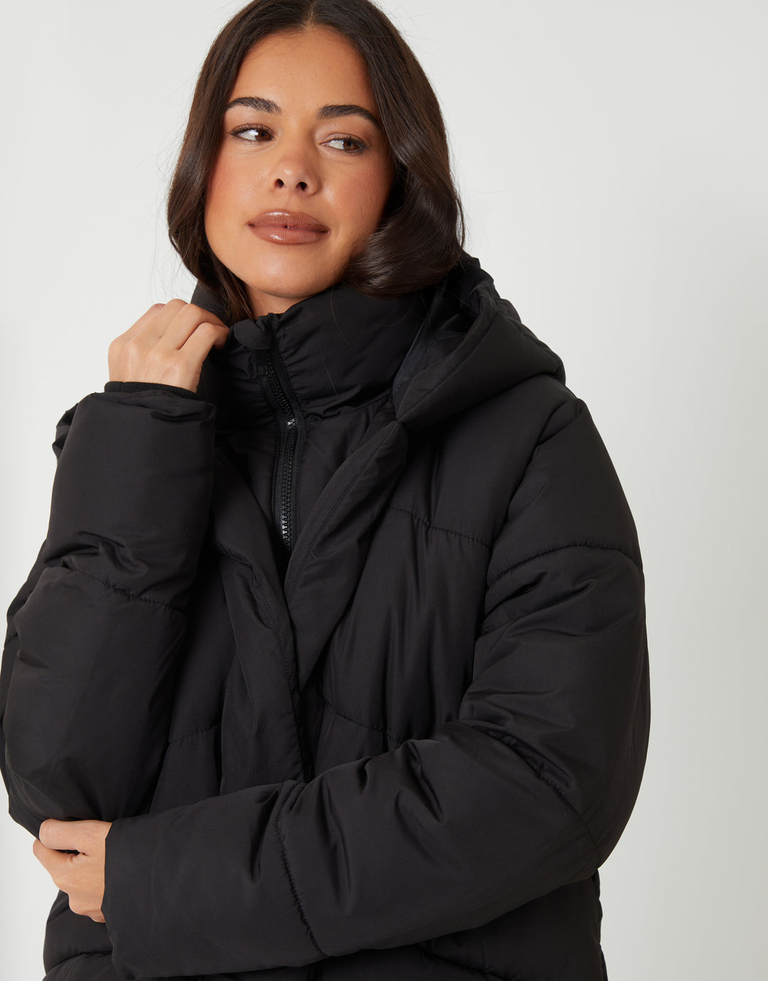 Black Hooded Double Collar Puffer Jacket