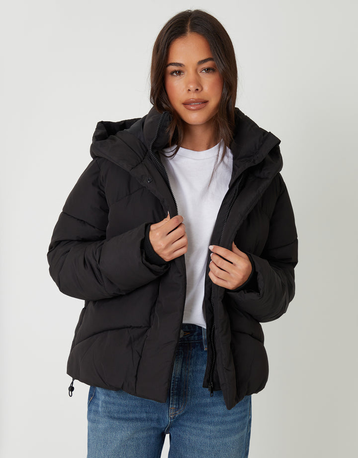 Black Hooded Double Collar Puffer Jacket