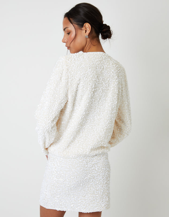 White Sequin Zip Up Bomber Jacket