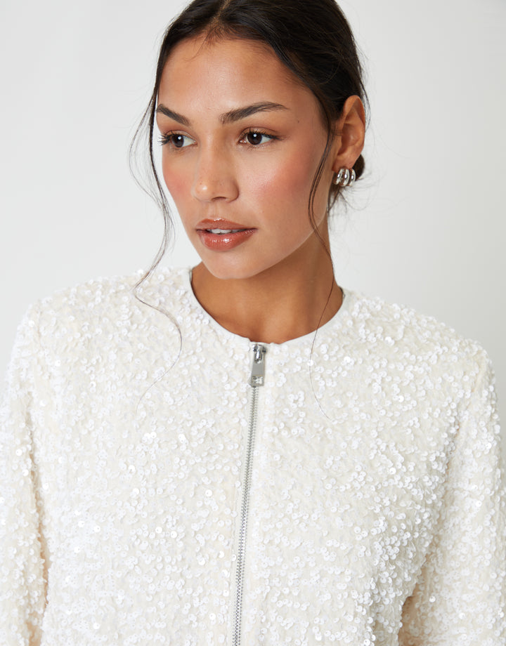 White Sequin Zip Up Bomber Jacket