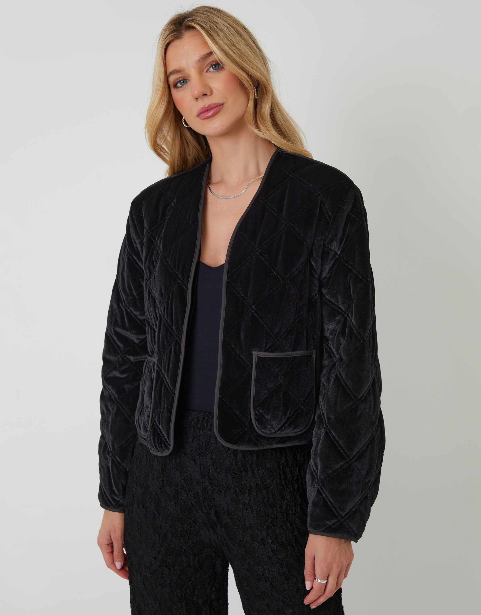 Threadbare Women's Black Diamond Quilted Velvet Jacket