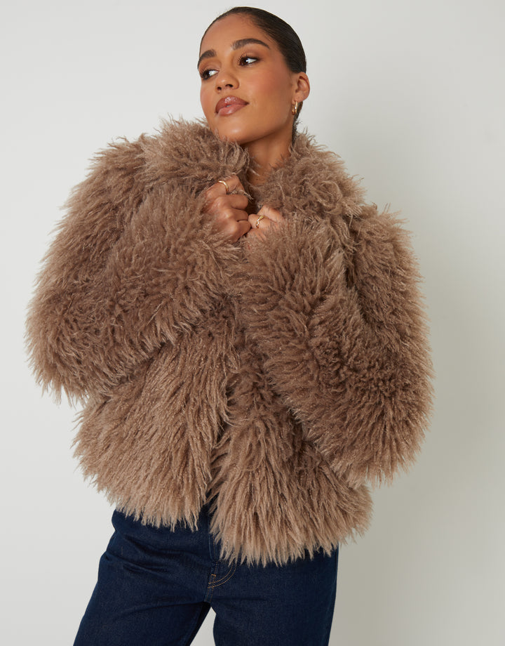 Mushroom Collared Faux Fur Coat