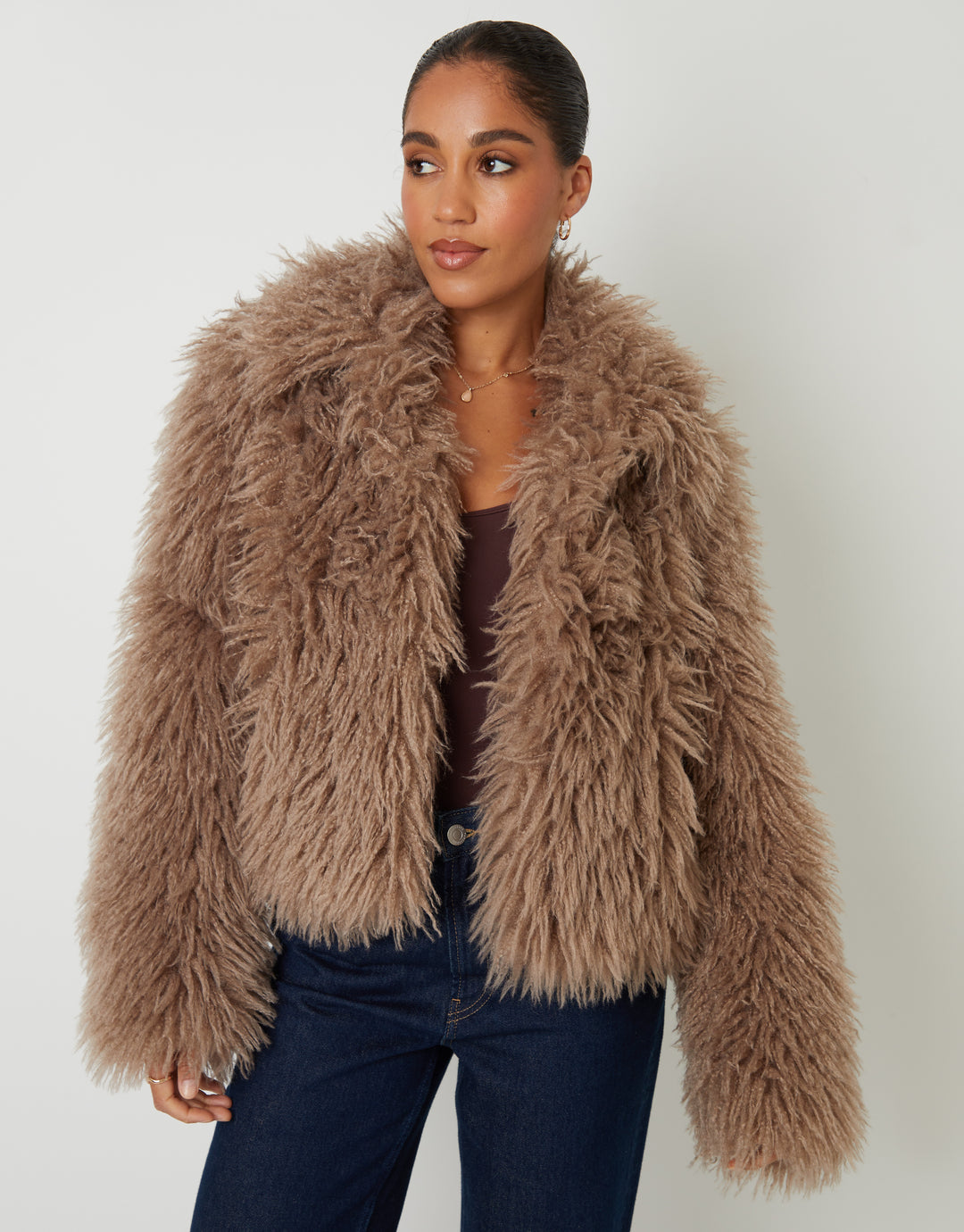 Mushroom Collared Faux Fur Coat