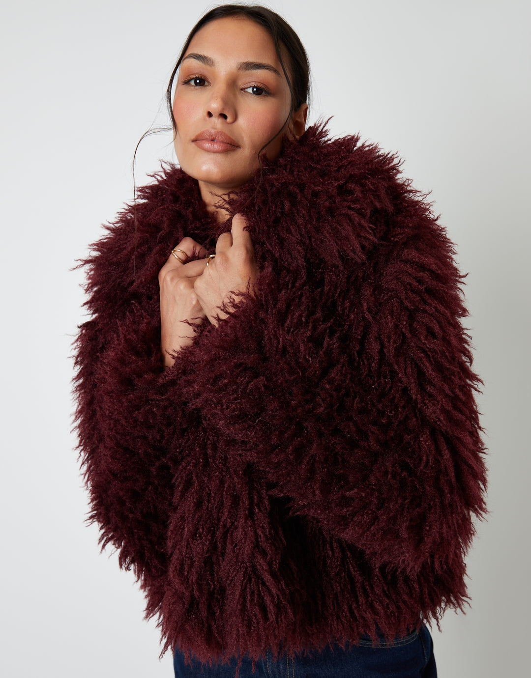 Berry Red Collared Faux Fur Coat