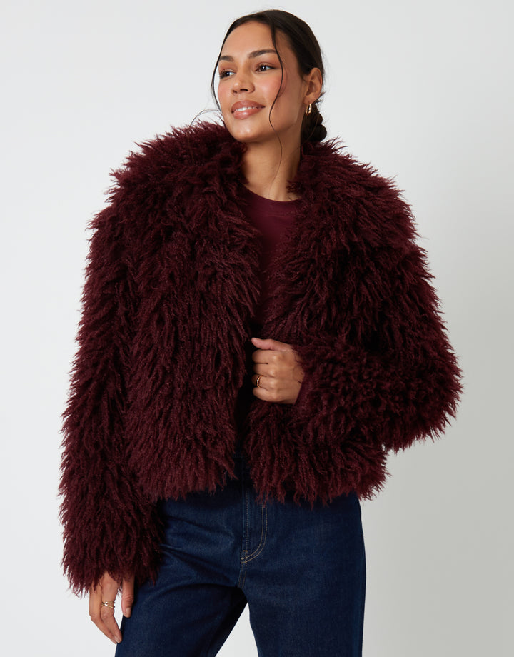 Berry Red Collared Faux Fur Coat