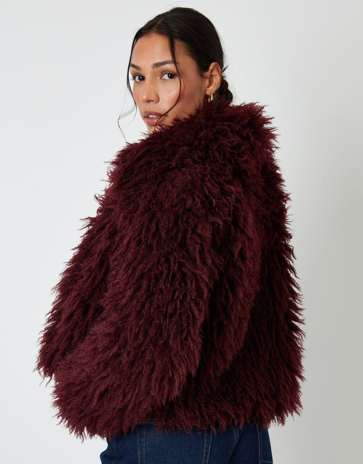 Berry Red Collared Faux Fur Coat