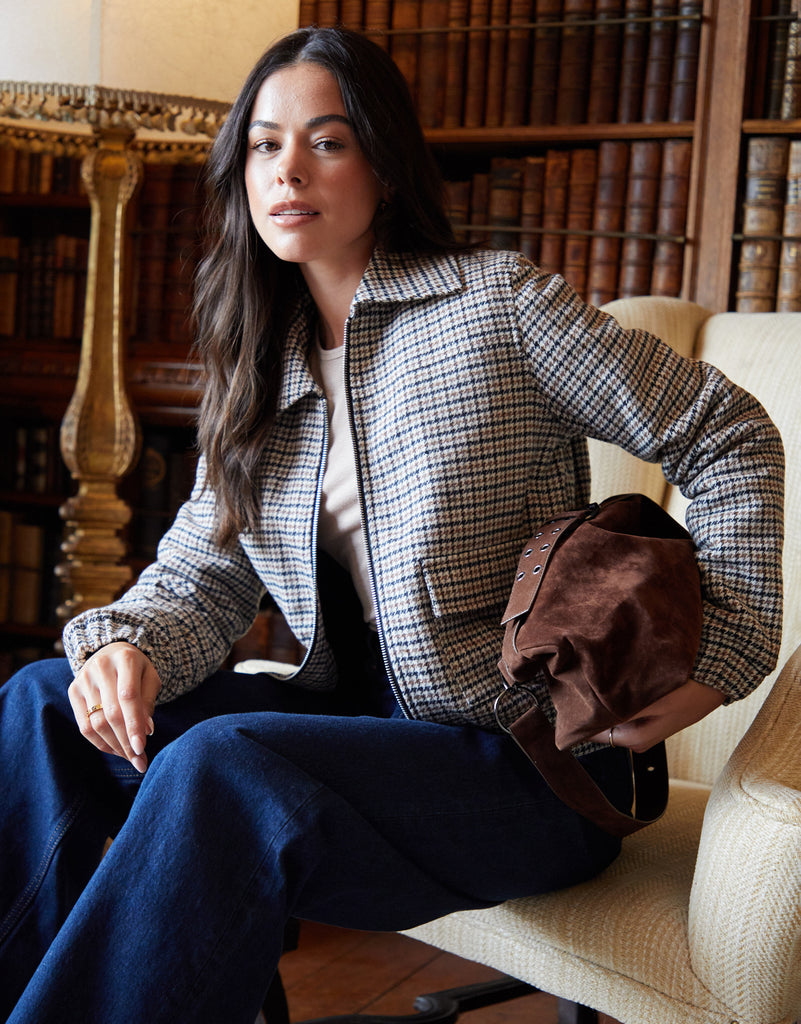 Threadbare Women's Brown Houndstooth Check Faux Wool Jacket