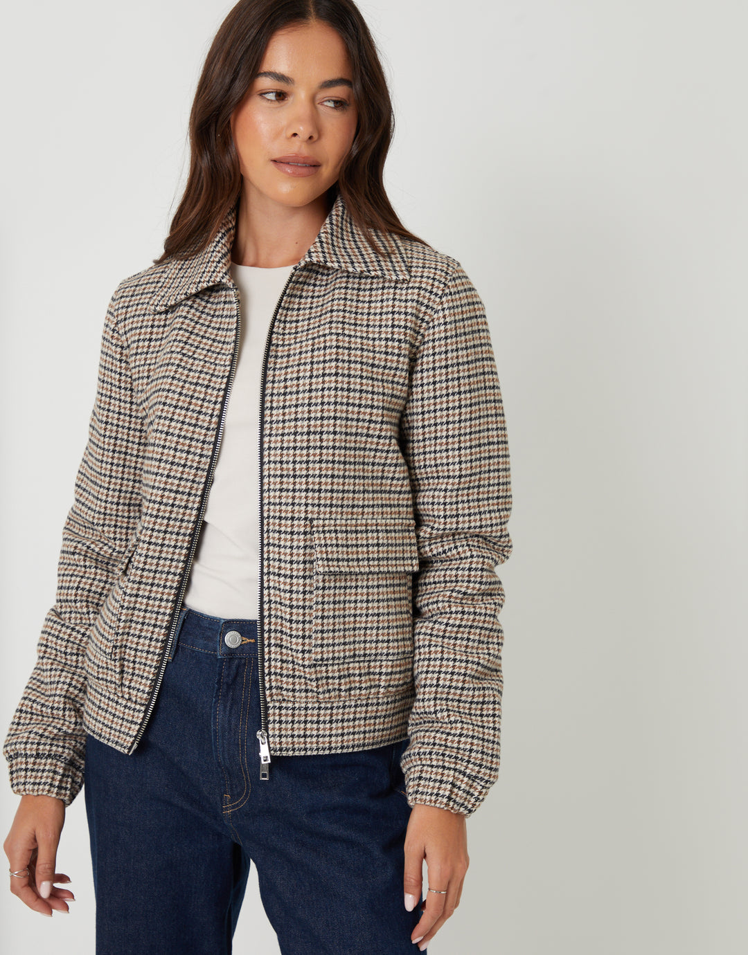 Brown Houndstooth Check Faux Wool Jacket
