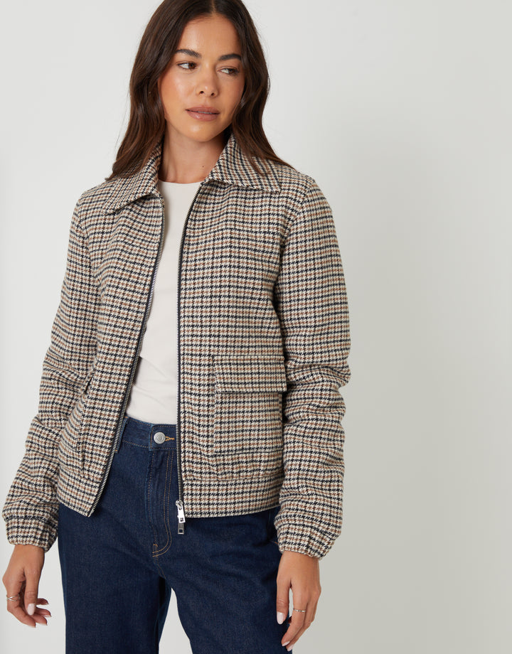 Brown Houndstooth Check Faux Wool Jacket