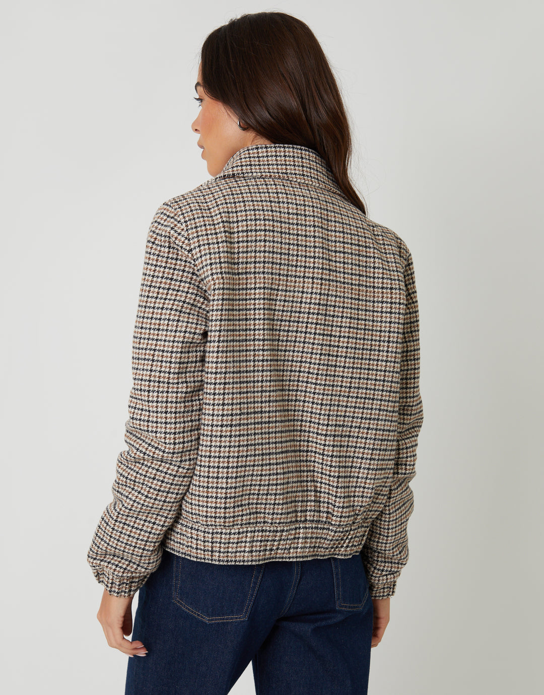Brown Houndstooth Check Faux Wool Jacket