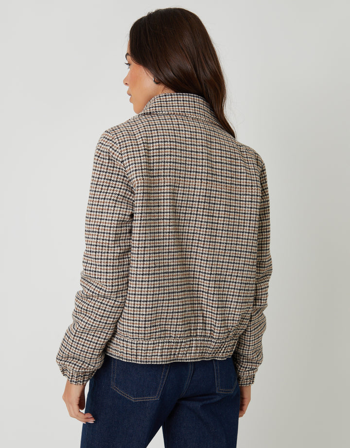 Brown Houndstooth Check Faux Wool Jacket