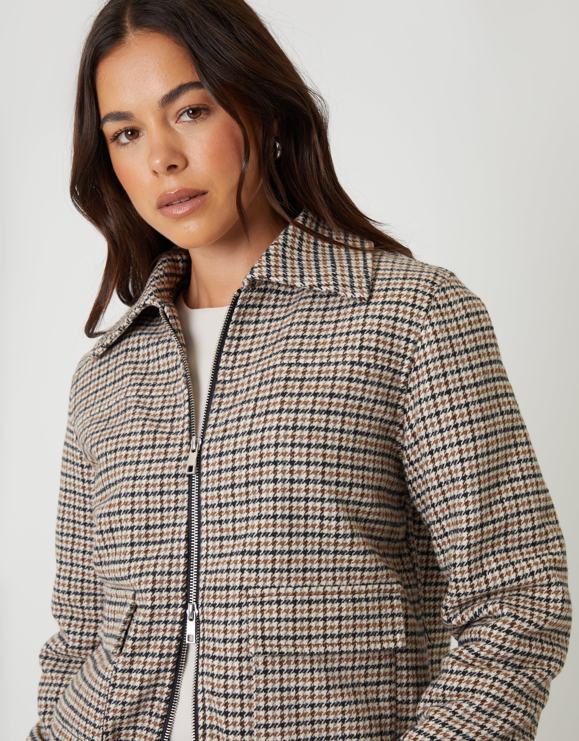 Threadbare Women's Brown Houndstooth Check Faux Wool Jacket