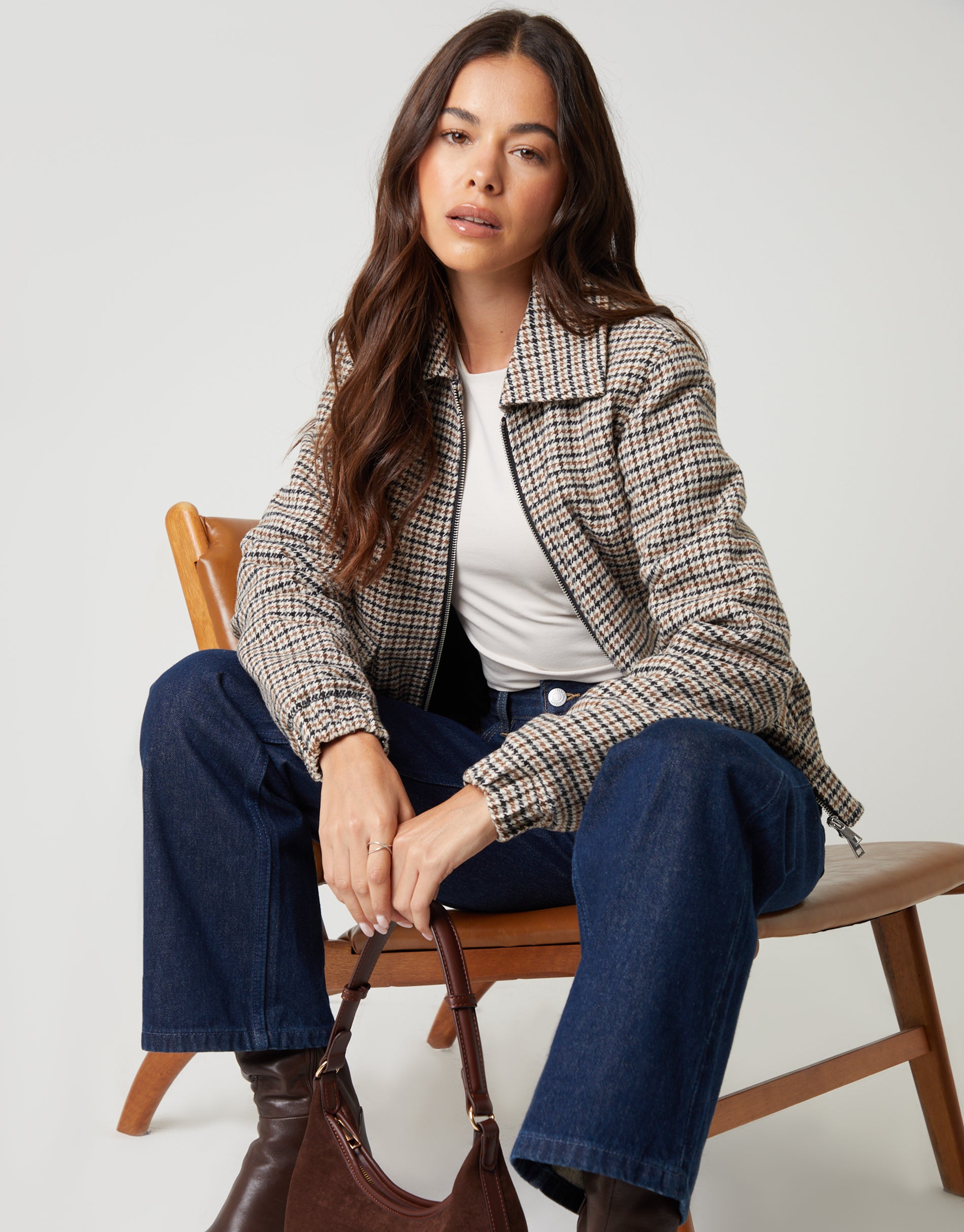 Threadbare Women's Brown Houndstooth Check Faux Wool Jacket