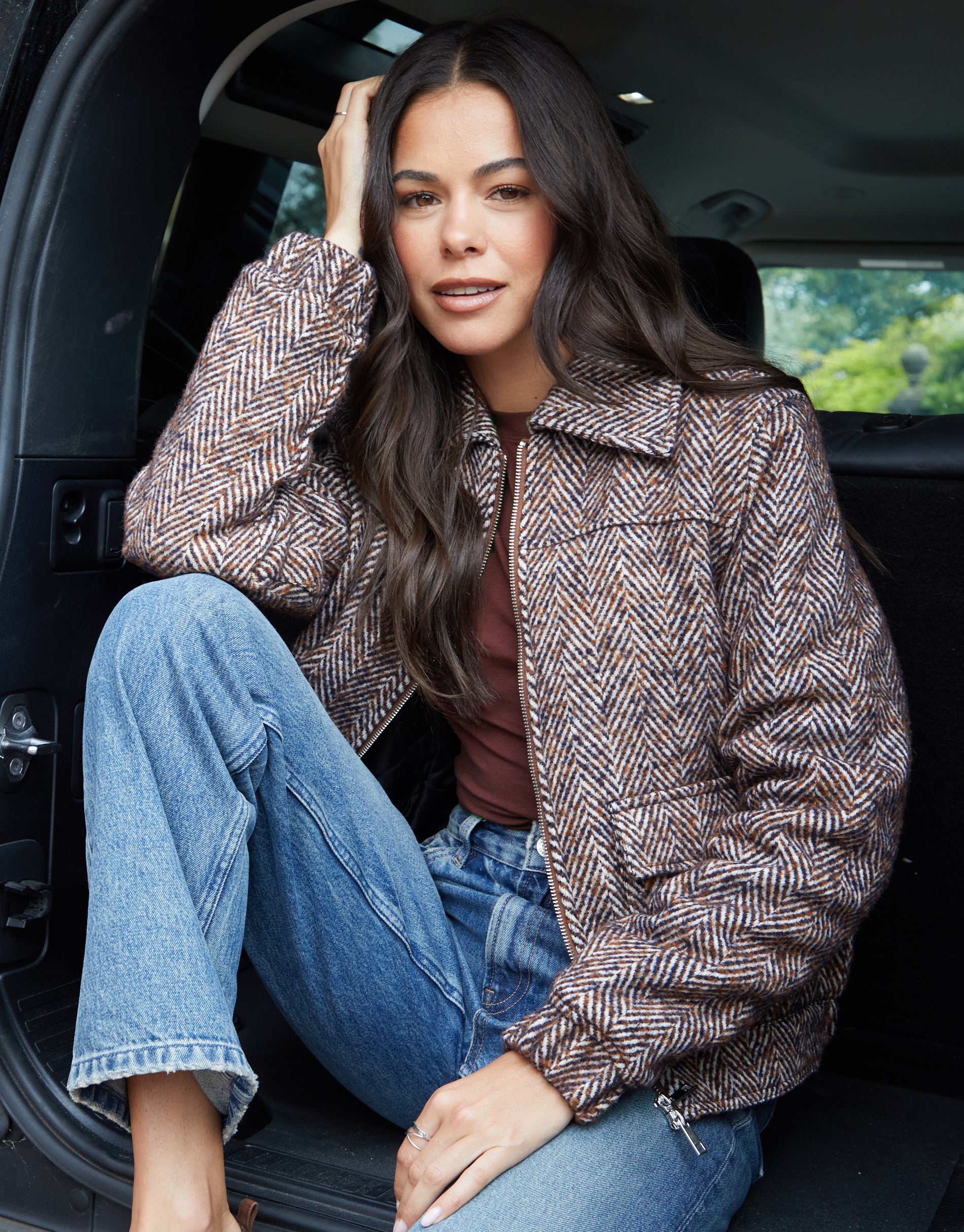 Brown Herringbone Check Faux Wool Jacket