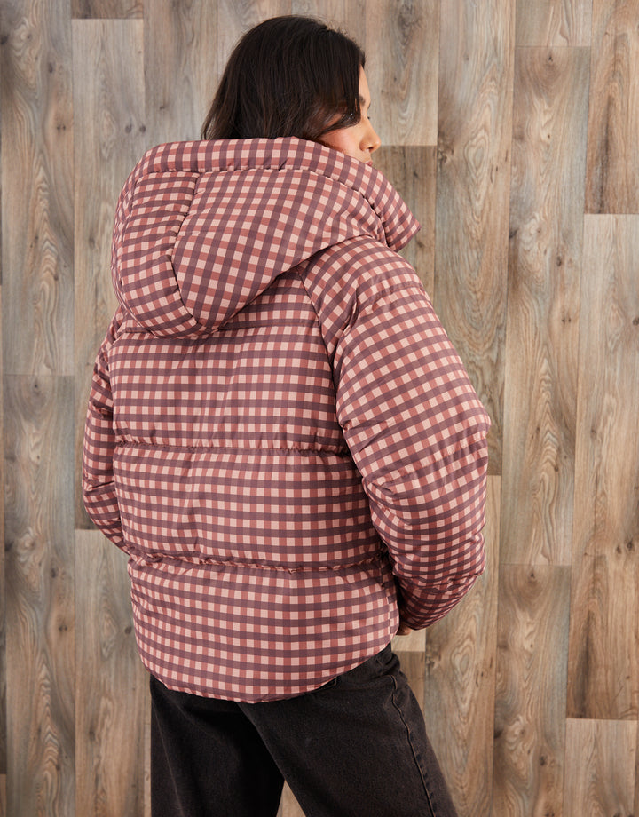 Pink Gingham Print Hooded Padded Jacket