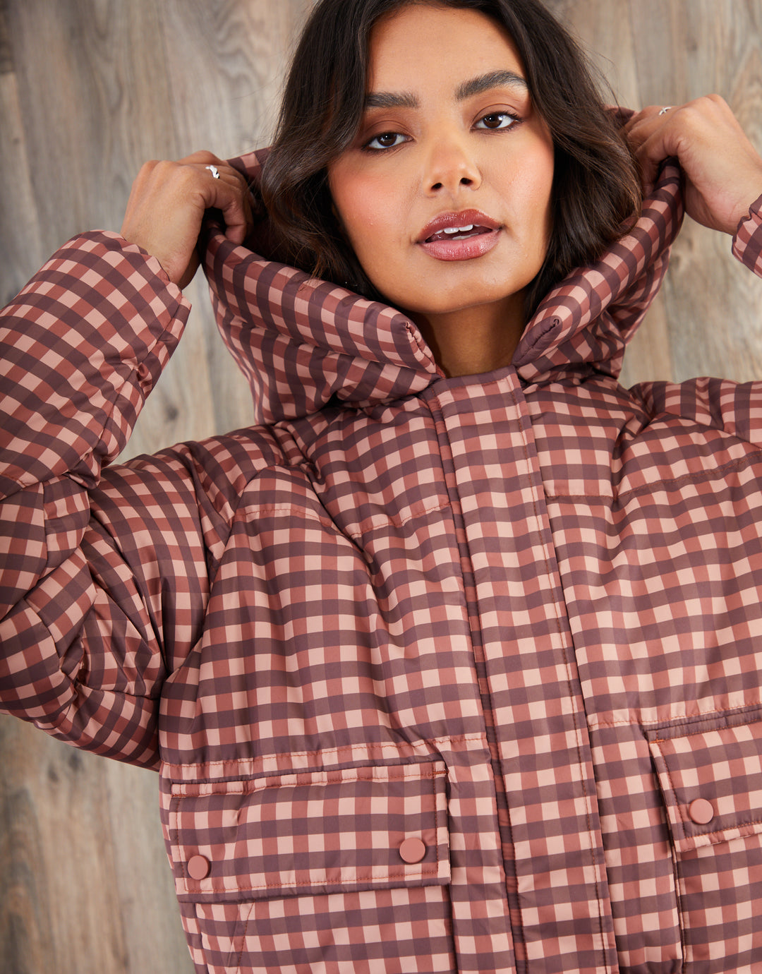 Pink Gingham Print Hooded Padded Jacket