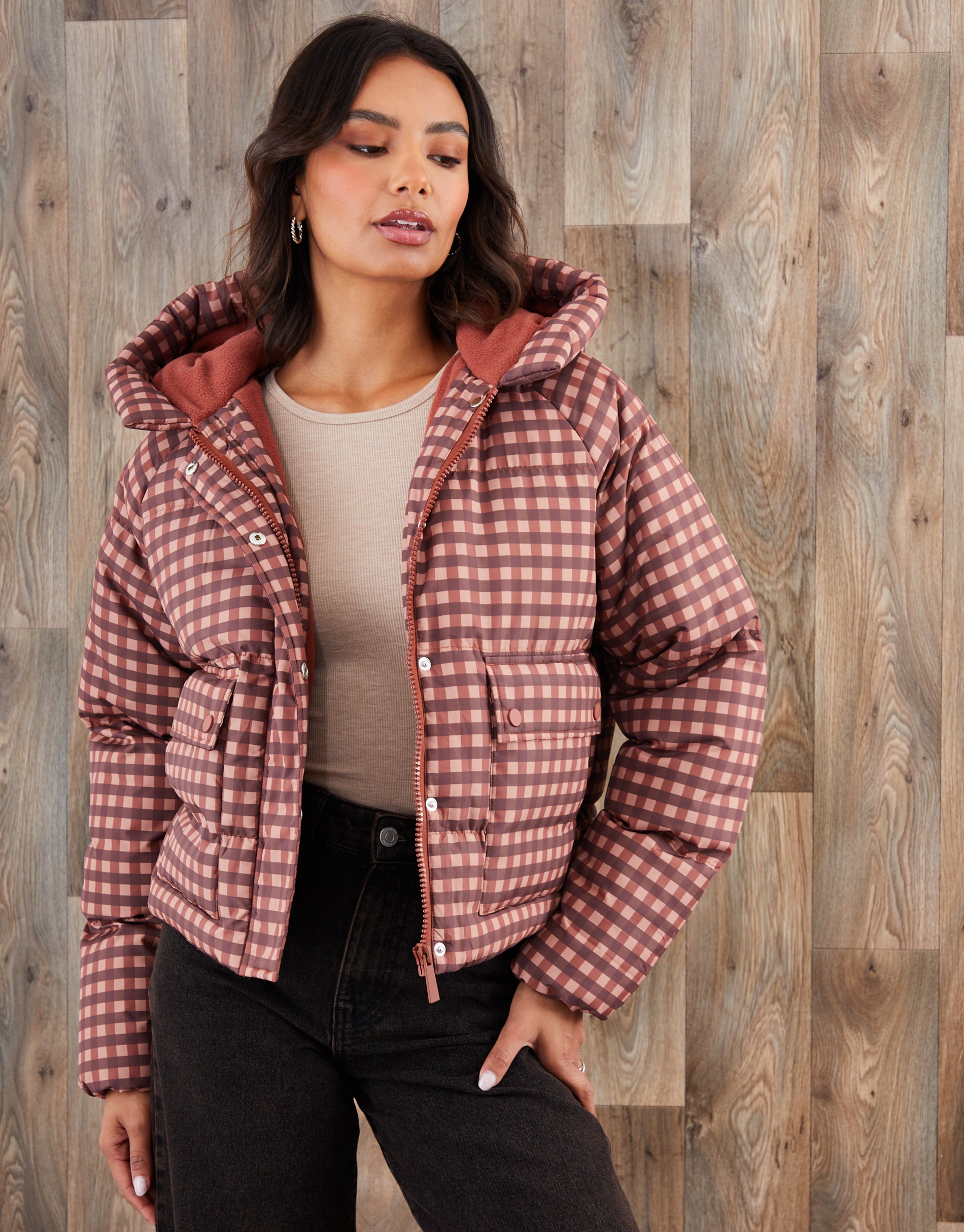 Threadbare Women's Pink Gingham Print Hooded Padded Jacket