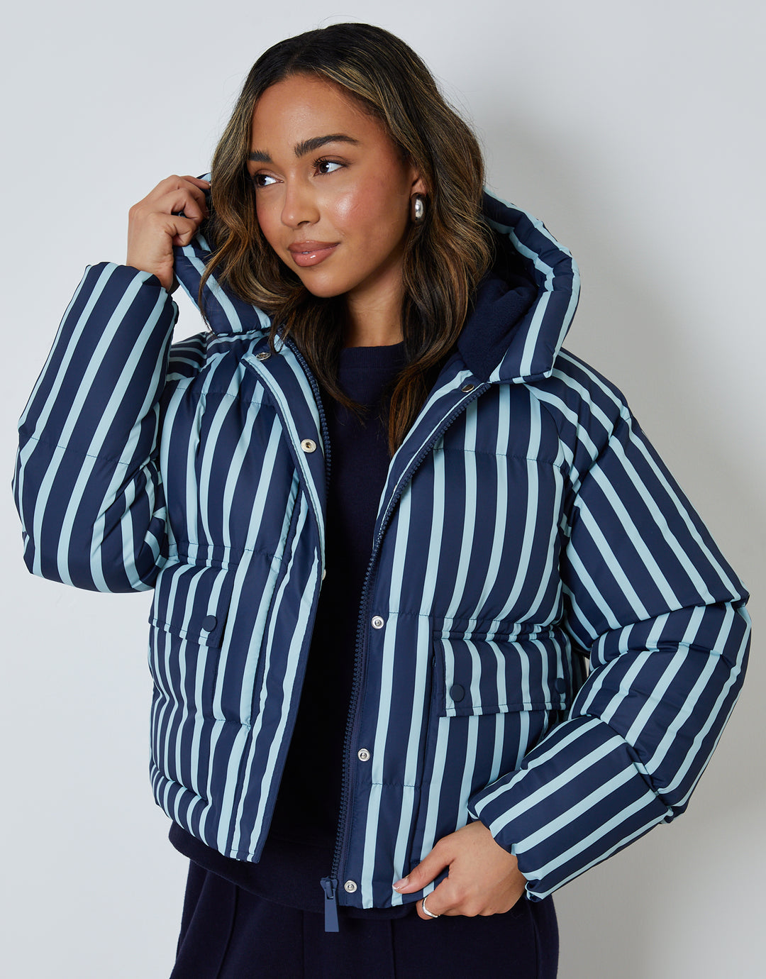 Navy Stripe Hooded Padded Jacket