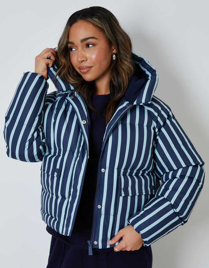 Navy Stripe Hooded Padded Jacket