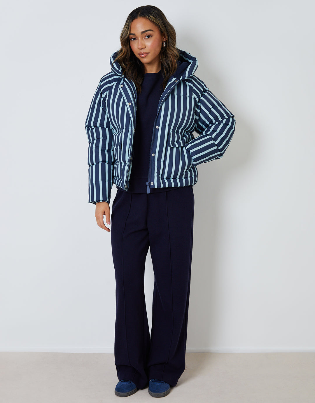 Navy Stripe Hooded Padded Jacket