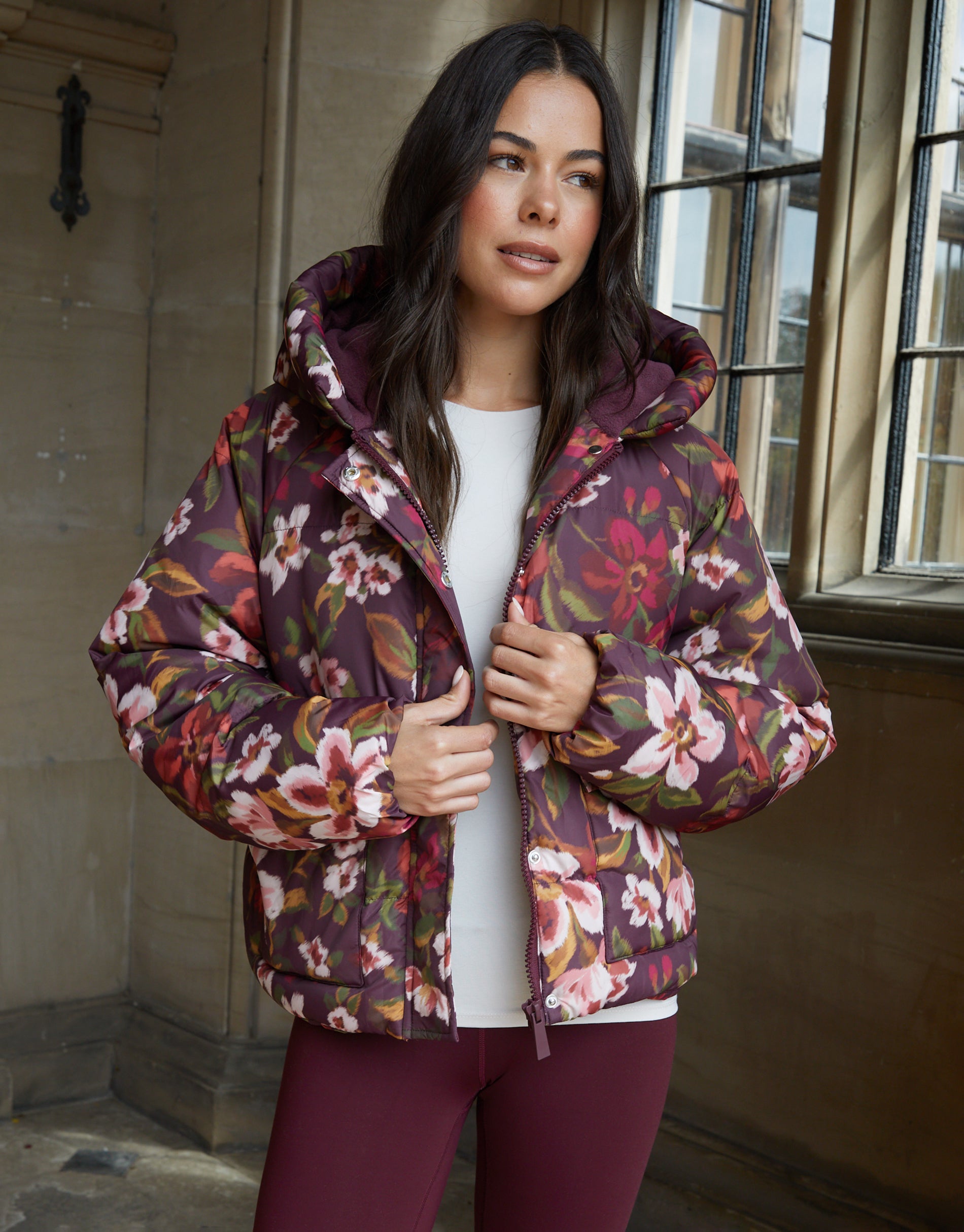 Threadbare Women's Berry Red Floral Print Hooded Padded Jacket